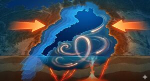 動いている琵琶湖のダイナミックな活動を示すイラストレーション。400万年にわたる北への移動の歴史、東西からの地殻変動による圧縮、湖水の複雑な循環、そして湖底の断層やベントの活動が一体となって表現されている。