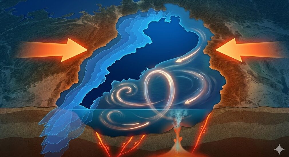 動いている琵琶湖のダイナミックな活動を示すイラストレーション。400万年にわたる北への移動の歴史、東西からの地殻変動による圧縮、湖水の複雑な循環、そして湖底の断層やベントの活動が一体となって表現されている。