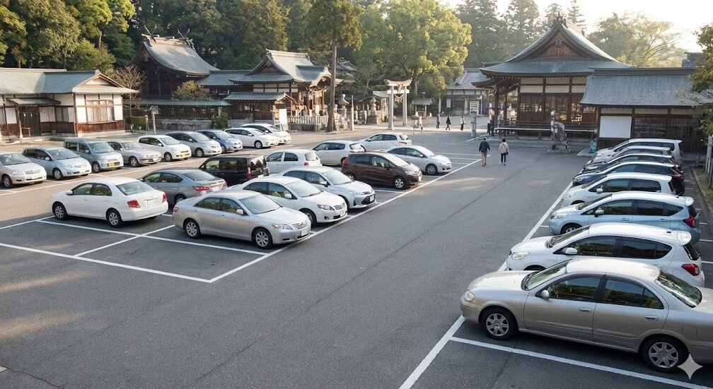 平日の朝、白髭神社の参拝者用駐車場。数十台の車が停まっているが、まだ空きスペースがあり、比較的落ち着いた状況。