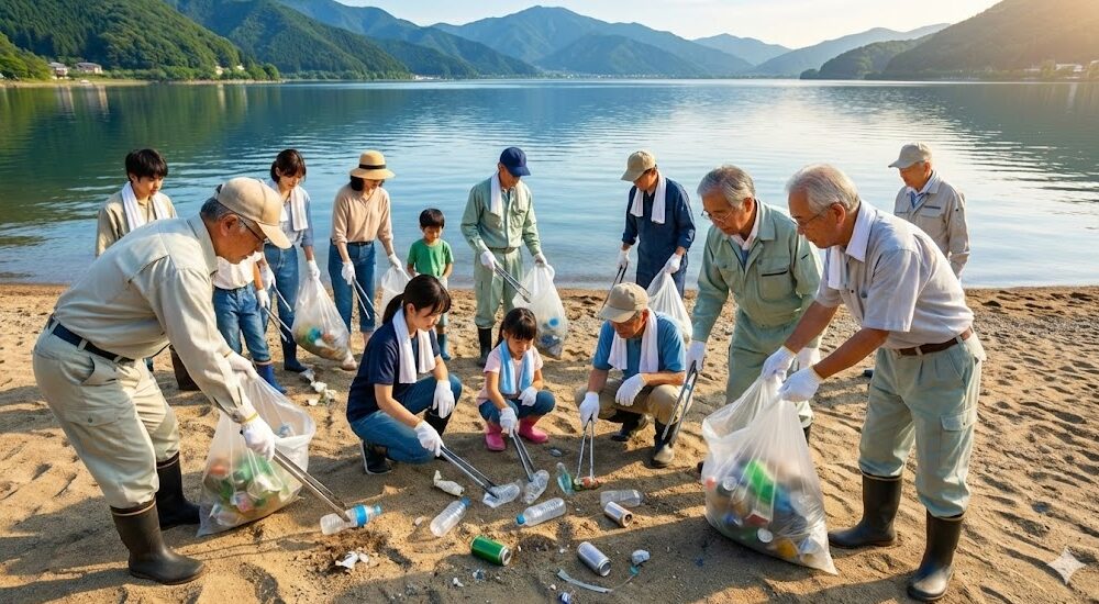 琵琶湖岸でゴミ拾いなどの環境保全活動に取り組む、日本人のボランティアグループの様子。