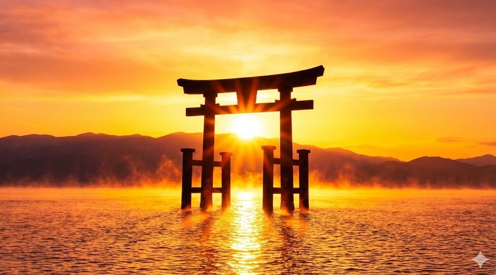 琵琶湖の対岸から昇る朝日が、白髭神社の湖中大鳥居の真ん中を照らす瞬間。空と湖面が黄金色に染まり、神々しいエネルギーに満ちている。