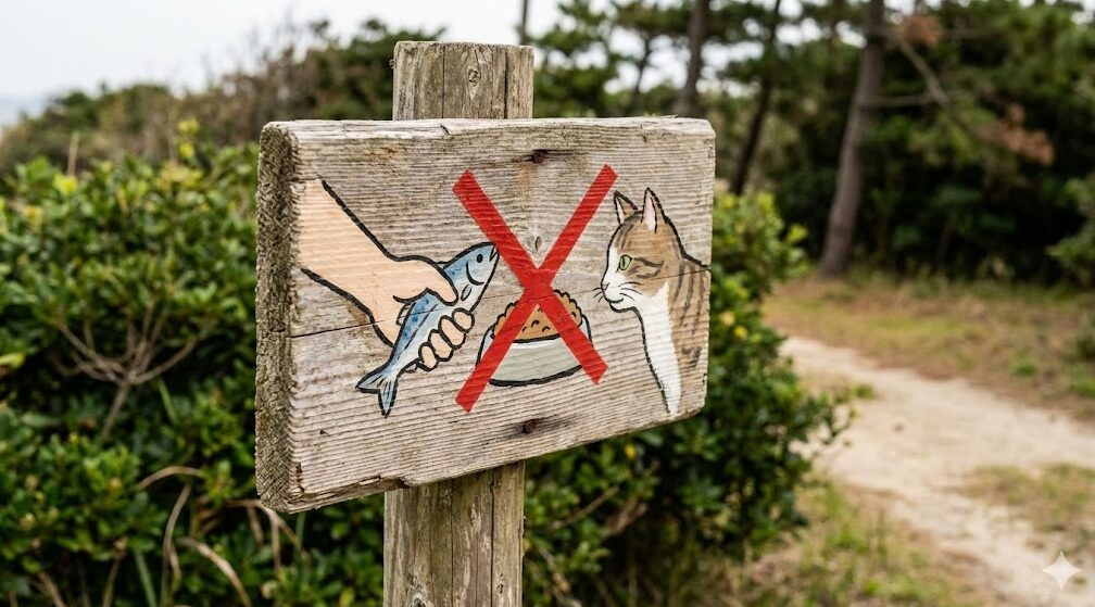 沖島島内に設置された、環境保護のための「猫への餌やり禁止」を呼びかける手書きの木製看板。