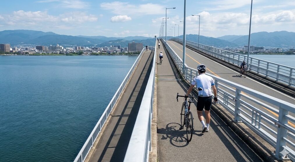 琵琶湖大橋の歩道を、自転車(ロードバイク)を押して歩くサイクリストの様子。橋の高さと勾配、そして眼下に広がる琵琶湖と対岸の街並みが確認できる。