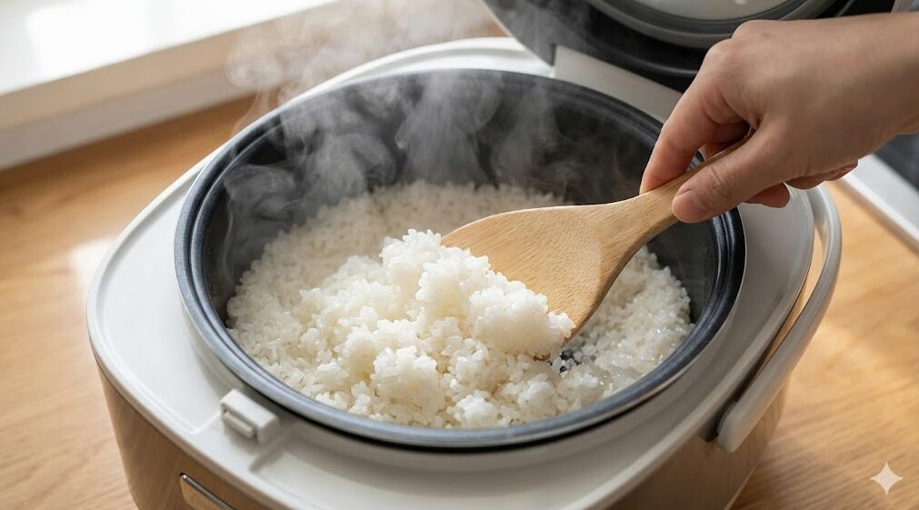 炊飯器で炊き上がったばかりの熱々のご飯を、しゃもじを使って底から優しくほぐしている様子。美味しいご飯を炊くための仕上げの工程。