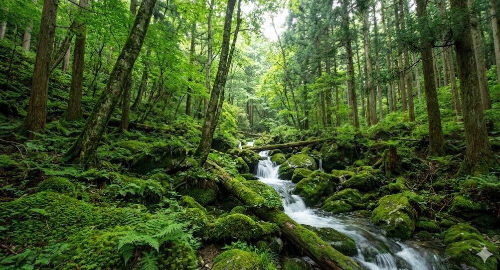 滋賀県の琵琶湖水源地域にある豊かな森の風景。苔むした地面と清らかな沢が、高い保水力を示している。