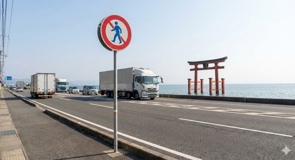 滋賀県高島市の白髭神社前を走る国道161号線の様子。交通量が多く、大型トラックが走行している。道路の向こう側、琵琶湖の湖中に朱色の大鳥居が立っている。道路の手前には「横断禁止」の標識が設置され、危険性を伝えている。