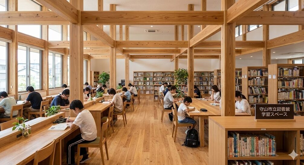 木材をふんだんに使用した温かみのあるデザインが特徴的な、滋賀県守山市立図書館の学習スペースで、多くの人が静かに読書や勉強をしている様子。