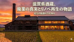 夕暮れ時の滋賀県の田園風景と、古い酒蔵およびリノベーションされたカフェの建物が写ったアイキャッチ画像。画像上部には大きな白い文字で「滋賀県酒蔵、廃業の真実とリノベ再生の物語」「近江の銘酒の今を知る」というタイトルテキストが配置されている。
