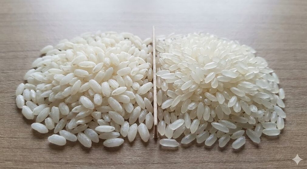 白く濁った白未熟粒（左）と透明感のある良質な米粒（右）の比較写真。過去の猛暑による品質への影響を示す。