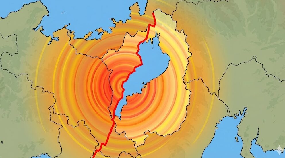 琵琶湖西岸断層帯のリスクを示すハザードマップ風のイラスト。琵琶湖の西岸に沿って赤い断層線が走り、そこから地震の揺れを示す同心円状の波紋が滋賀県全体に広がっている。