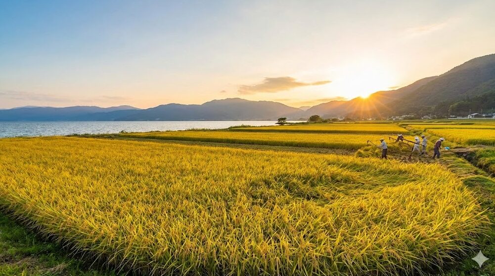 琵琶湖のほとりに広がる黄金色の稲穂が実った田園風景。滋賀県の豊かな自然環境と米作りの様子。