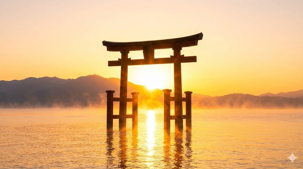 滋賀県、琵琶湖に浮かぶ白髭神社の湖中大鳥居。日の出の黄金色の光が鳥居の背後から差し込み、朝霧が漂う神々しく幻想的な絶景の瞬間。