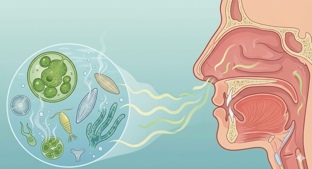 水中のプランクトンから匂いの原因物質が放出され、人間の鼻がそれを感知している様子を描いた科学イラスト。琵琶湖の「磯の香り」のメカニズムを視覚的に解説。