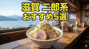 滋賀県の琵琶湖を望むラーメン店のカウンターに、山盛りの二郎系ラーメンが置かれているイラスト。上部に「滋賀 二郎系 おすすめ5選」という黄色い大きな文字が配置されている。