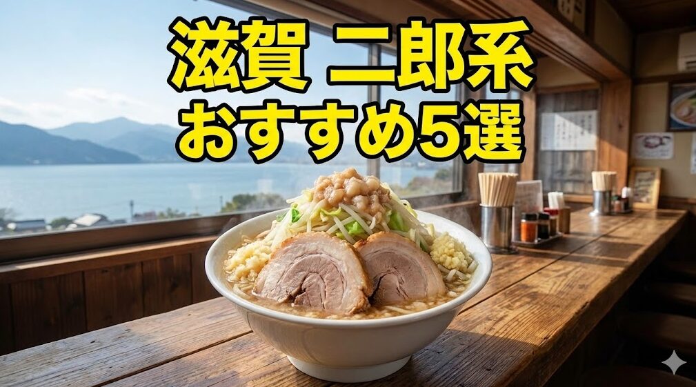 滋賀県の琵琶湖を望むラーメン店のカウンターに、山盛りの二郎系ラーメンが置かれているイラスト。上部に「滋賀 二郎系 おすすめ5選」という黄色い大きな文字が配置されている。
