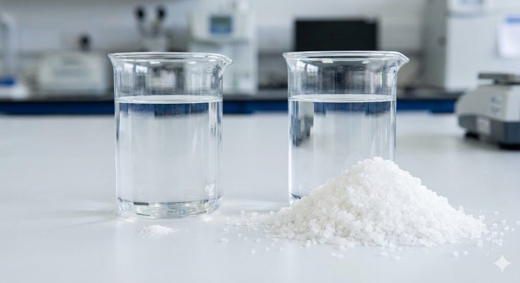 実験室のビーカーに入った水と塩の結晶の比較。左側はごくわずかな塩、右側は山盛りの塩があり、琵琶湖と海水の塩分濃度の圧倒的な違いを視覚的に示している。