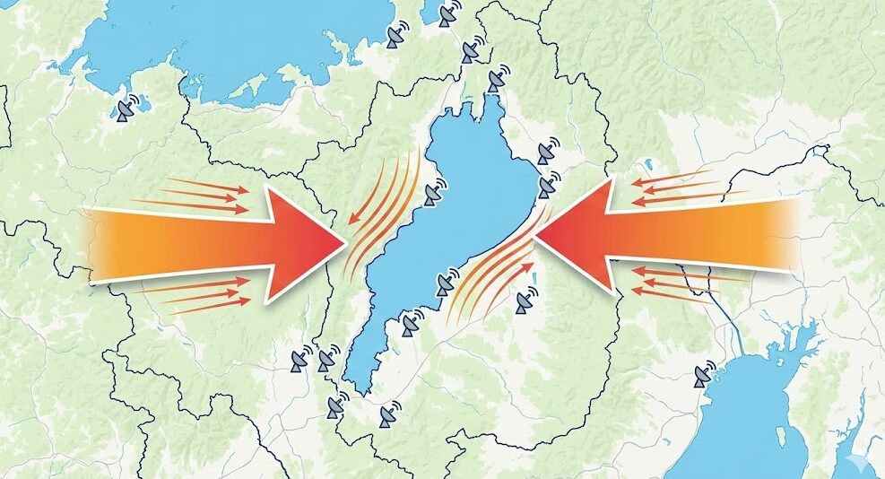 琵琶湖が東西からの地殻変動の圧力によって圧縮されている様子を示す概念図。地図上の琵琶湖に対して、両側から大きな矢印が内側に向かって押し寄せ、GPS観測点のアイコンが配置されている。