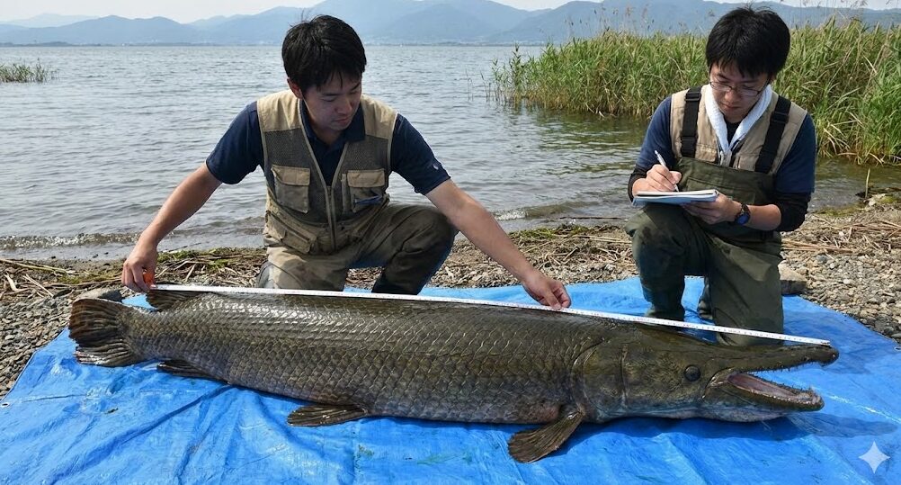 琵琶湖畔で捕獲された巨大なアリゲーターガーを計測する研究者たちの様子。