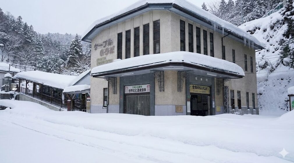 冬の比叡山ケーブル駅舎。深い雪に覆われ、線路も埋没して完全に機能が停止している様子。冬季運休による交通手段の不在を象徴している。