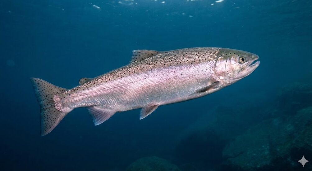 琵琶湖の深場を優雅に泳ぐ、銀色に輝く美しいビワマスの成魚。「琵琶湖の宝石」の異名を持つ。