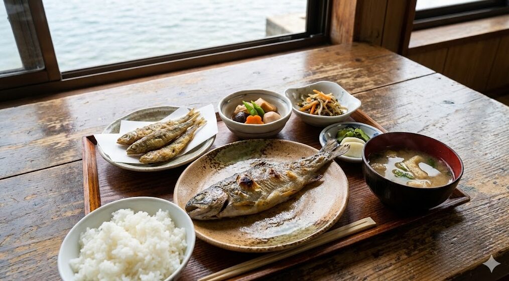沖島の食堂で提供される、ビワマスの塩焼きや小魚の揚げ物など琵琶湖の湖魚を使った郷土料理のランチ定食。