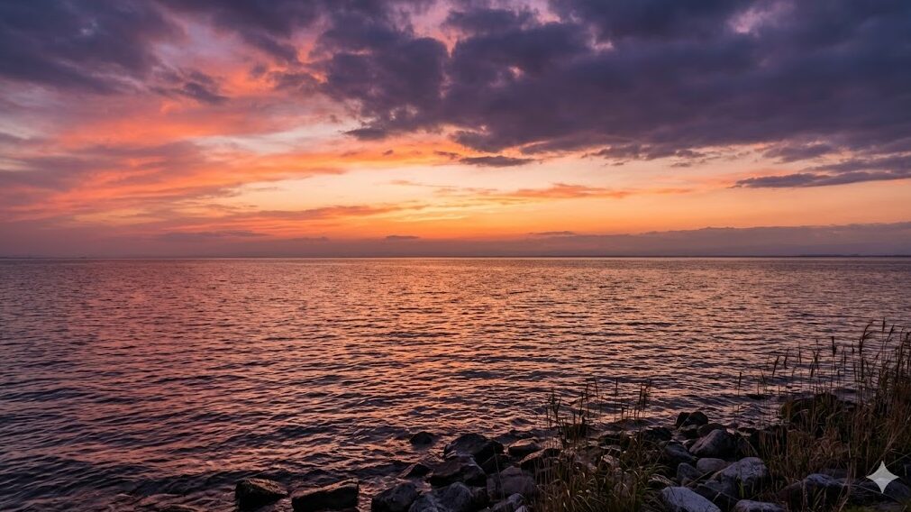 夕暮れ時の琵琶湖・北湖の風景。対岸が見えず、広大な水面が空と接して水平線を作っており、まるで大海原のように見える。
