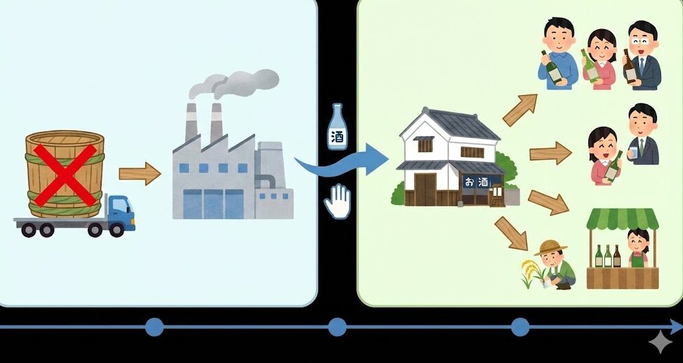 日本酒業界における「桶売り」ビジネスモデルの崩壊と、小規模酒蔵が直面する直接販売への転換を図解したインフォグラフィック。