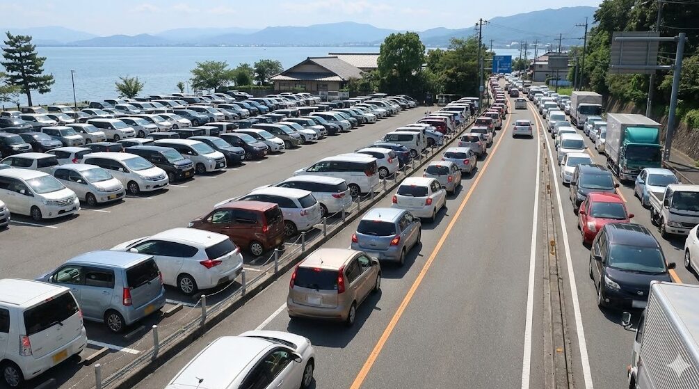 白髭神社の駐車場が満車で、多くの車が停まっている様子。隣接する国道161号線では、駐車場への右折待ちをする車の列が発生し、渋滞している。対向車線も交通量が多く、混雑した状況が伝わる。