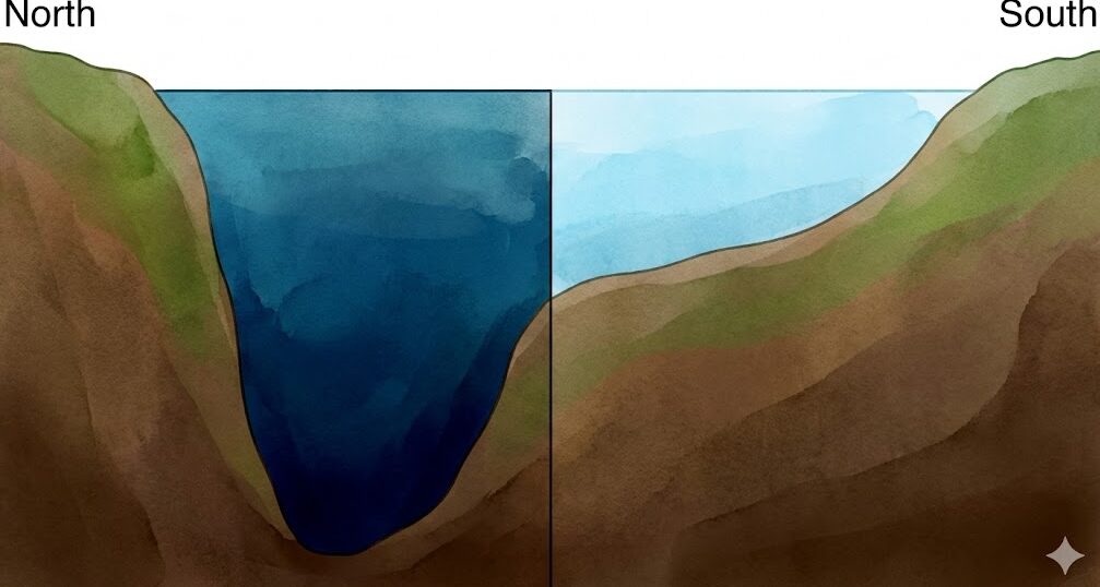 琵琶湖の断面図。北側の深い部分（濃い青）と南側の浅い部分（薄い青）の水深の違いが明確に示されている。