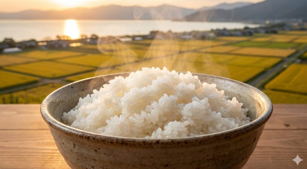 夕暮れの琵琶湖と黄金色の田園風景を背景に、土鍋で炊き上げられ湯気が立つ、艶やかで美味しそうな滋賀県産近江米のご飯。