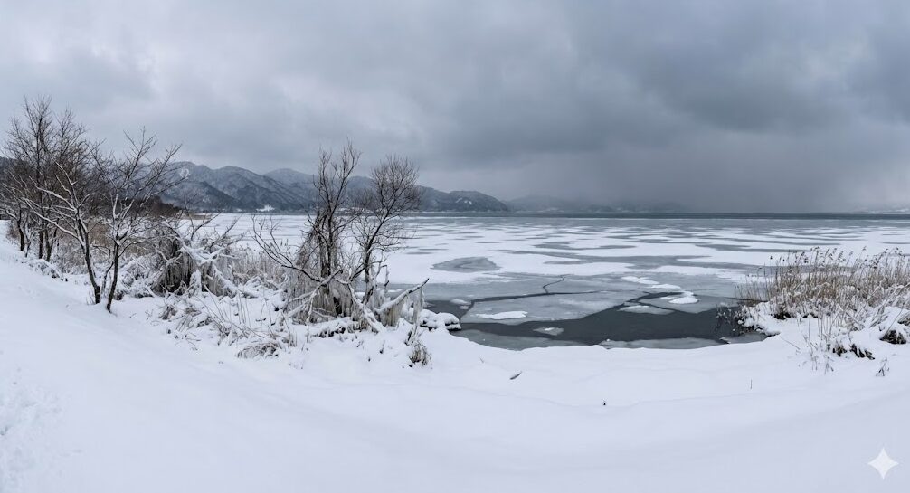 雪に覆われた岸辺と、湖面に氷が張った真冬の琵琶湖の厳しい風景。
