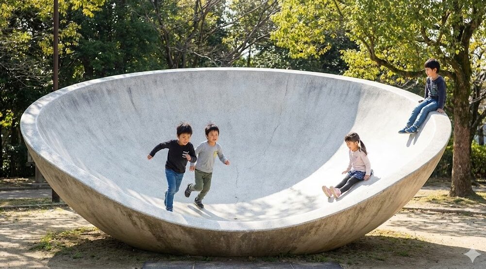 滋賀県大津市の皇子が丘公園にある、すり鉢状の巨大なコンクリート遊具「アリ地獄」の斜面を、一生懸命に駆け上がる子供たち。