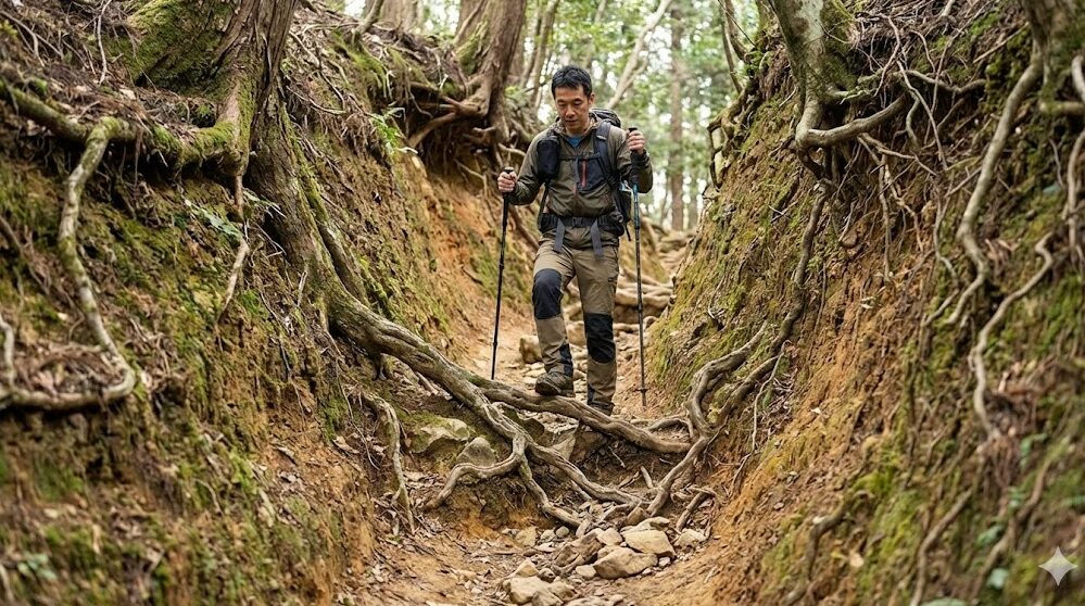 比叡山の雲母坂（きららざか）ルート。深く浸食されたV字溝の登山道で、露出した木の根や荒れた路面を慎重に進むアジア人男性ハイカー。