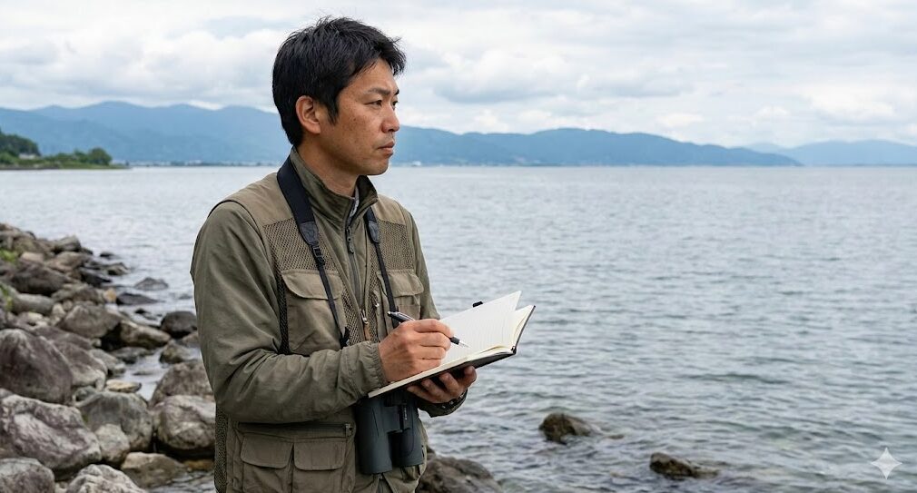 琵琶湖の岸辺でフィールドノートを片手に水面を観察する調査員の様子。