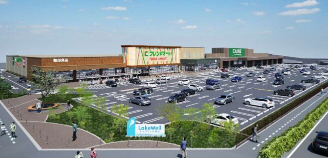 2025年に琵琶湖タワー跡地にオープンした複合商業施設「レイクウェル堅田」。カインズ、平和堂フレンドマート、無印良品の店舗が並び、多くの買い物客で賑わっている。