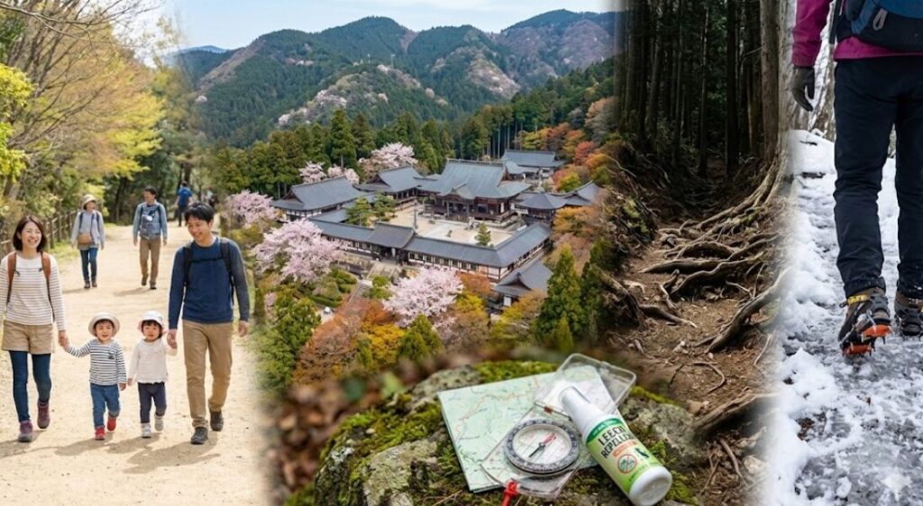 比叡山登山の多様な側面を捉えたコラージュ画像。中央には延暦寺の堂宇と桜、紅葉が広がる。左側には、家族連れやハイカーが歩く穏やかな土の道。右側には、険しいV字溝の登山道や、アイゼンを着けた足元が写る雪山が対比的に配置されている。前景には地図、コンパス、ヒル避けスプレーが置かれ、ルートや季節による難易度の違いと、必要な準備を象徴している。