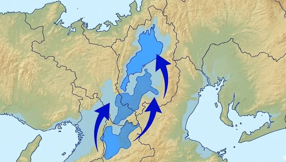 400万年にわたる琵琶湖の移動経路を示す地質学的な図解マップ。三重県の伊賀盆地から現在の滋賀県の位置へ北上していく様子が、段階的な青い領域と矢印で示されている。