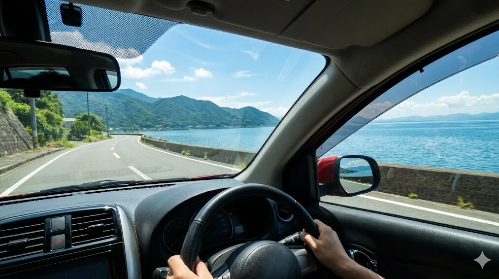 晴れた日の琵琶湖畔の道路を走る車内からの風景。運転手の視点から、青い湖と対岸の山々、曲がりくねった道路が見える。