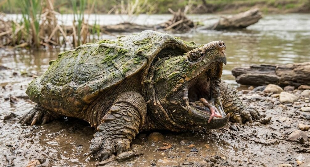 川岸で大きく口を開け、威嚇するような姿を見せる巨大なワニガメのクローズアップ。