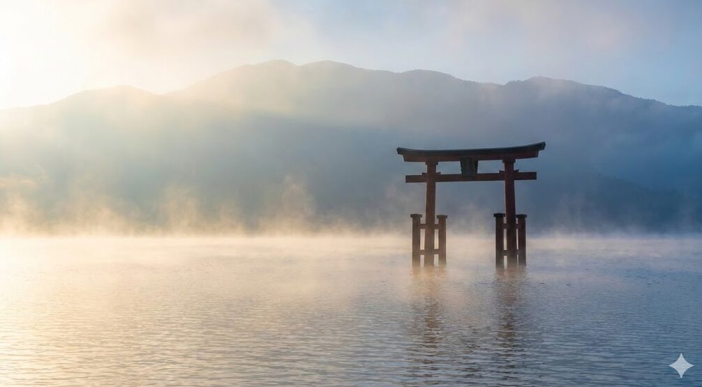 滋賀県琵琶湖にある白髭神社の湖中大鳥居。早朝の霧に包まれ、神秘的な光が差し込む幻想的な風景。