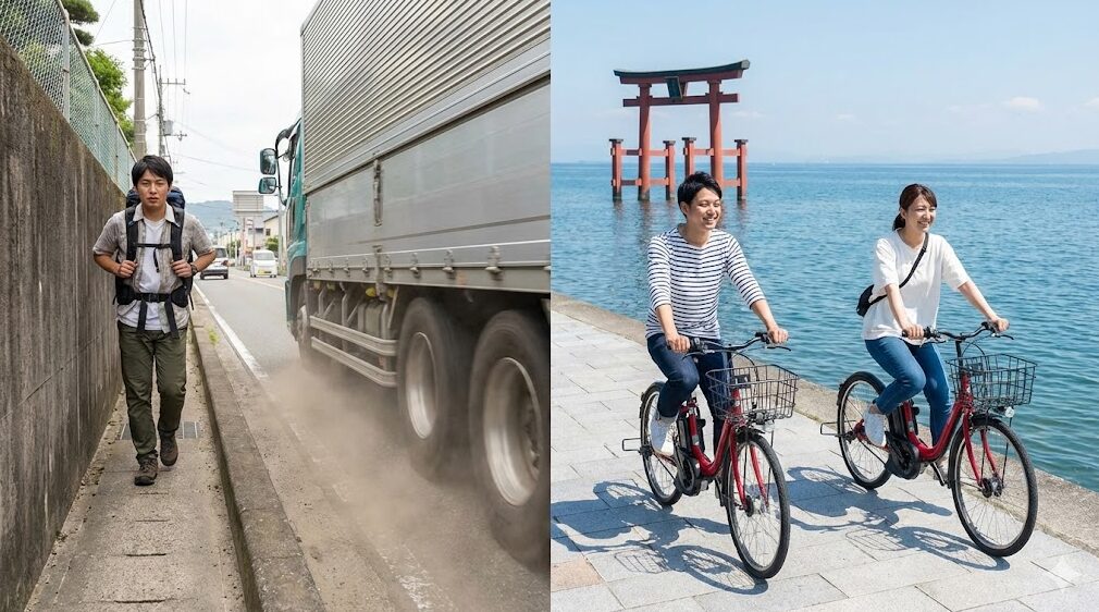 左側は、国道161号線沿いの狭い歩道を、大型トラックがすぐ横を通過する中で歩く日本人旅行者。右側は、琵琶湖沿いの整備されたサイクリングロードを、笑顔でレンタサイクル（e-bike）に乗って走る日本人カップル。遠くに白髭神社の鳥居が見える。
