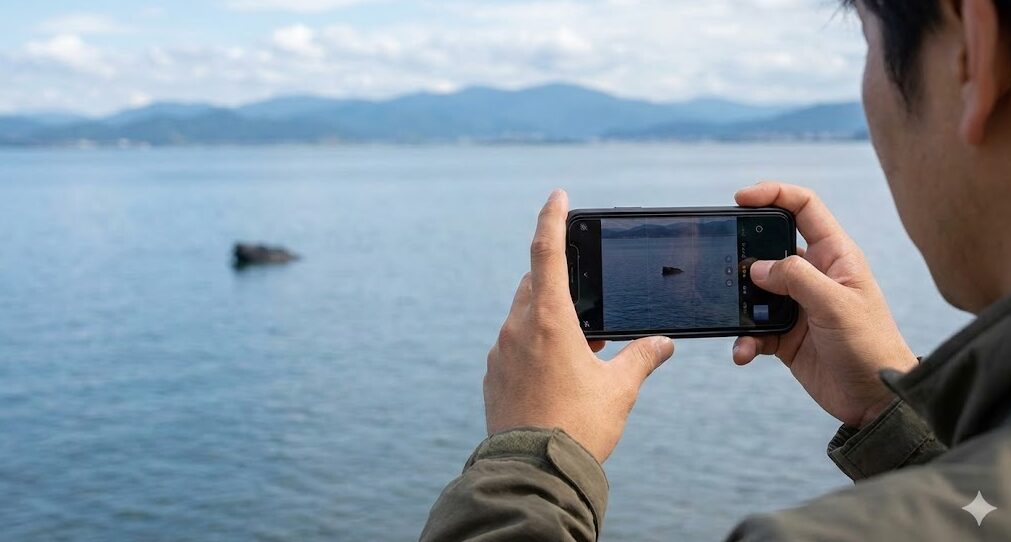 琵琶湖に浮かぶ不明な物体を、安全な場所からスマートフォンで撮影している様子。