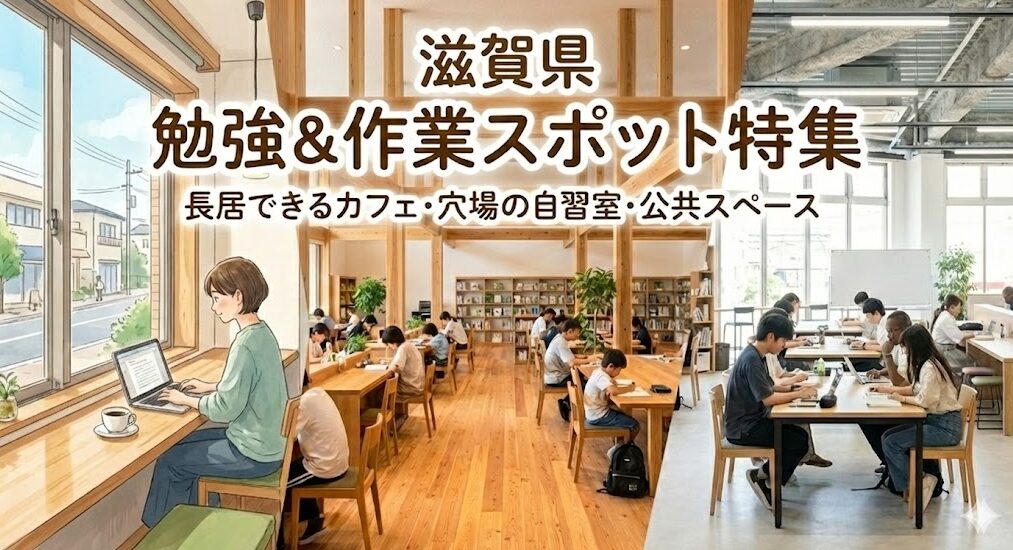 「滋賀県 勉強＆作業スポット特集 長居できるカフェ・穴場の自習室・公共スペース」というタイトル文字が上部にあるアイキャッチ画像。背景は、カフェの窓辺でノートパソコンを使う女性のイラスト、木材を多用した図書館で学習する人々、モダンな公共スペースで作業する人々の写真が組み合わされている。
