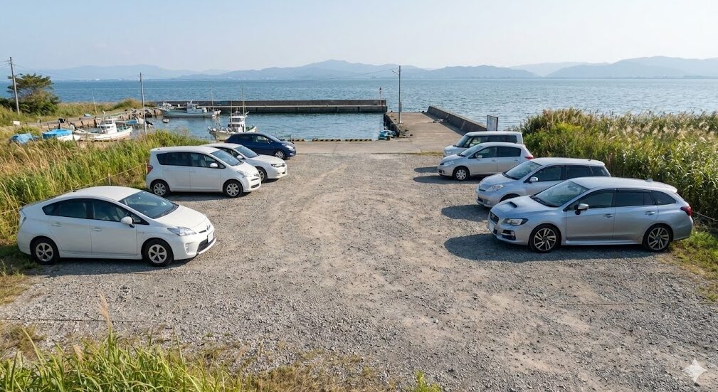 琵琶湖岸にある堀切港近くの来島者用駐車場。未舗装の砂利敷きで、数台の車が駐車されている様子。