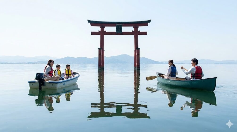 穏やかな琵琶湖の湖上で、日本人の家族が乗った小型ボートと、カップルが乗ったカヌーが、白髭神社の大鳥居に接近している様子。鳥居が水面に美しく反射し、背後には山並みが広がっている。湖上からの参拝を楽しんでいる。
