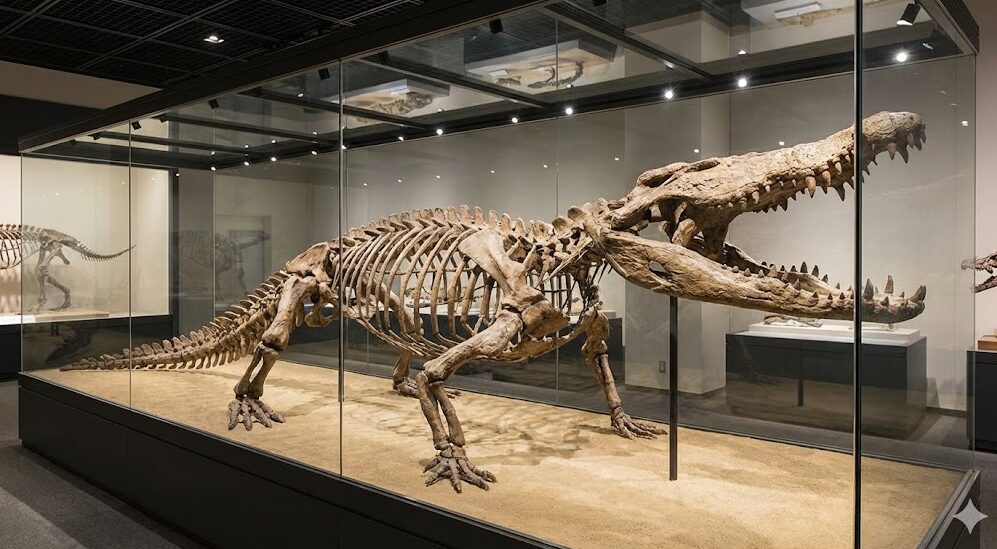 博物館のガラスケース内に展示されている、巨大なマチカネワニの化石骨格標本。