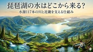 「琵琶湖の水はどこから来る？水源117本の川と近畿を支える仕組み」。周囲の山々から無数の青い光の川が琵琶湖に注ぎ込み、そこから大きな川が遠くの都市群へ流れていく様子を描いたイラスト。前景には豊かな森と清らかな湧き水があり、水を汲む人物が描かれている。