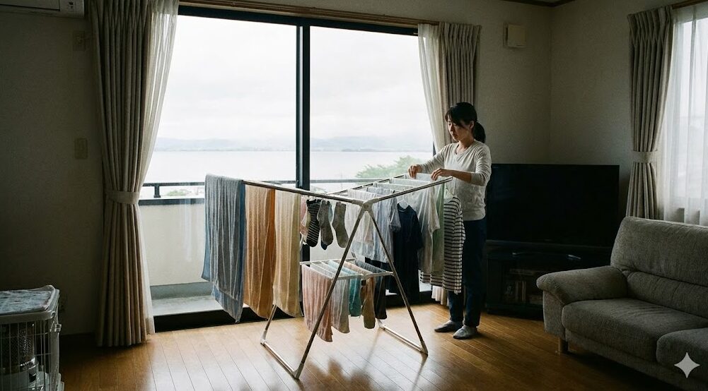 琵琶湖虫の付着を防ぐため、日本の家庭のリビングルームで室内物干しスタンドを使って洗濯物を部屋干ししている様子。窓は閉め切られている。