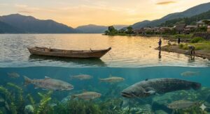 夕暮れの琵琶湖畔と、水中に泳ぐビワマスやビワコオオナマズなどの固有種を描いた、半水面（スプリットショット）のイメージ画像。湖上には和船が浮かび、岸辺では人々が釣りや網打ちをしている。