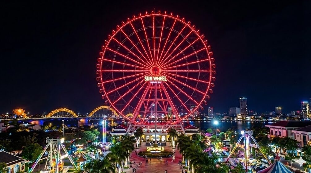 かつての琵琶湖タワーの観覧車イーゴス108が、ベトナム・ダナンの「サン・ホイール」として移設・再稼働し、夜間ライトアップされている様子。